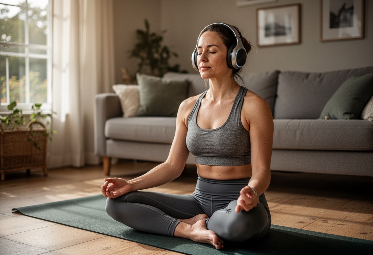 Woman meditating with headphones on yoga mat