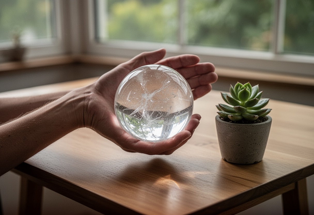 Hands holding crystal sphere on wooden table