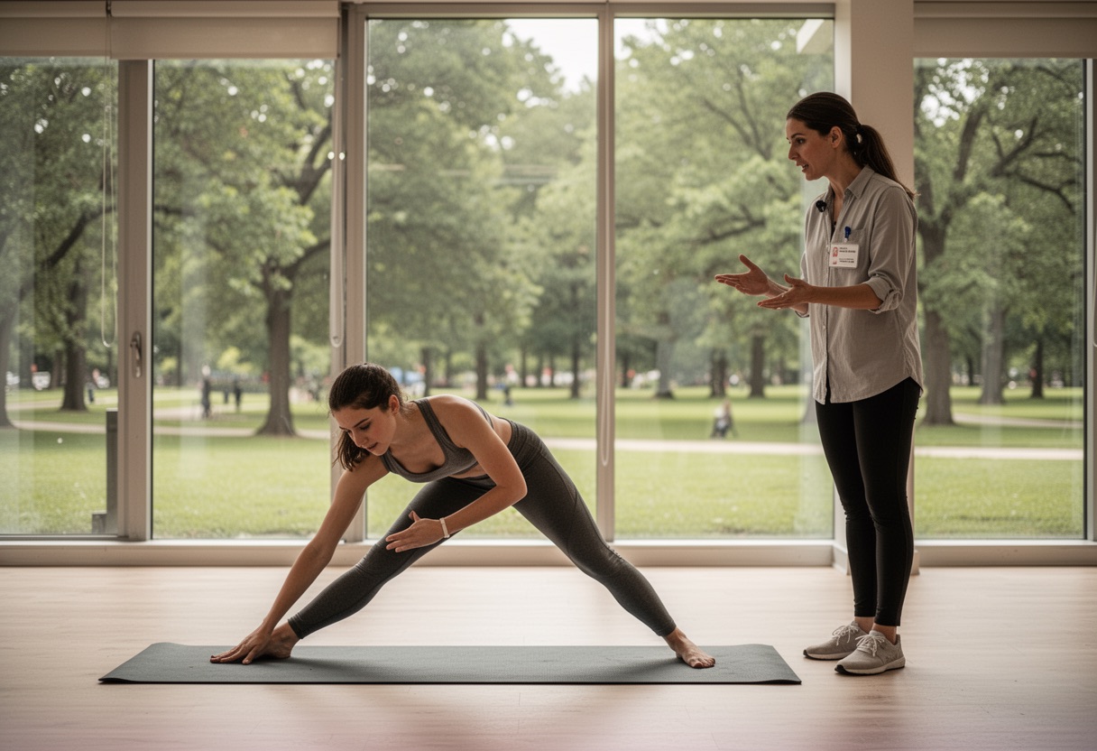 Woman practicing yoga with an instructor in a bright studio