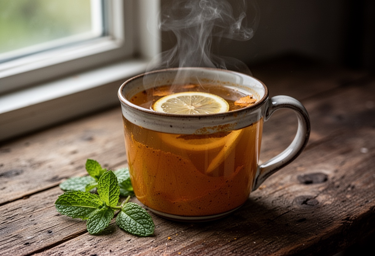Close-up of ginger turmeric tea with lemon and mint on a wooden table.