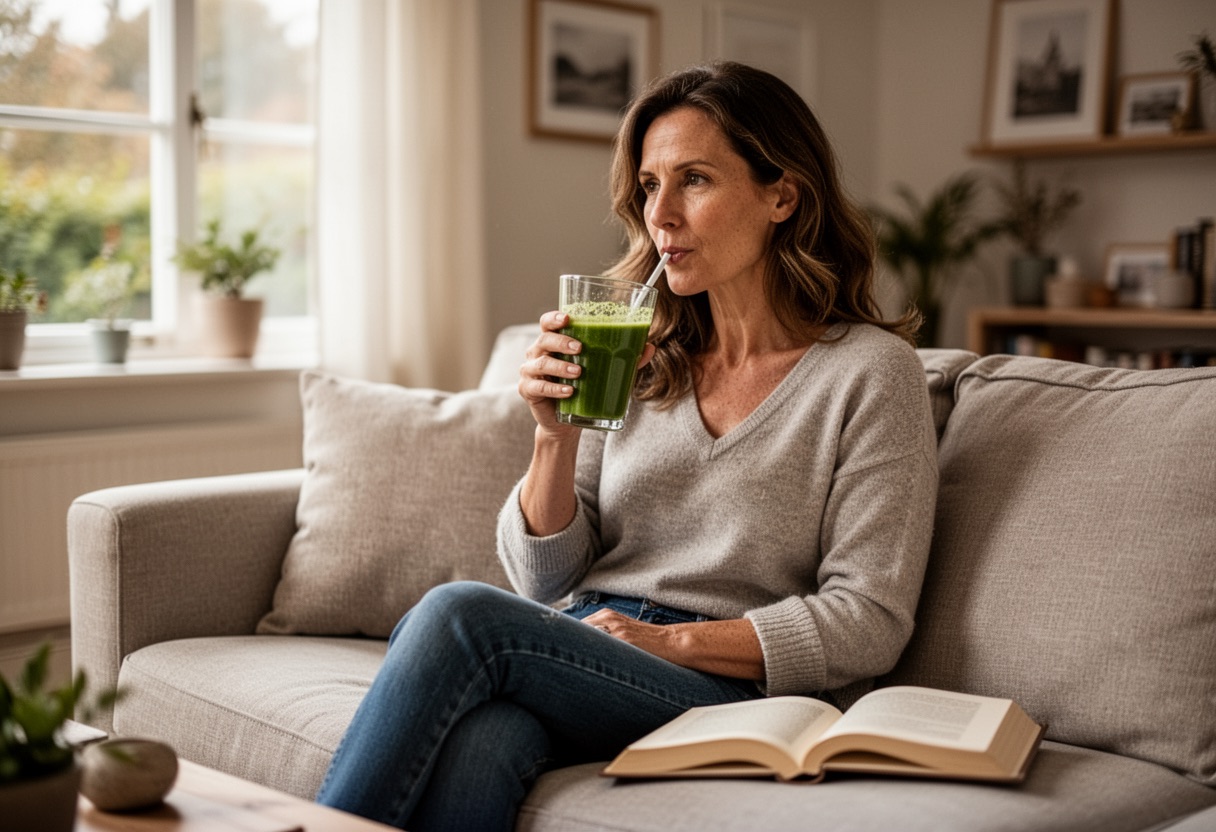 Woman sipping green smoothie on a sofa in a bright living room.