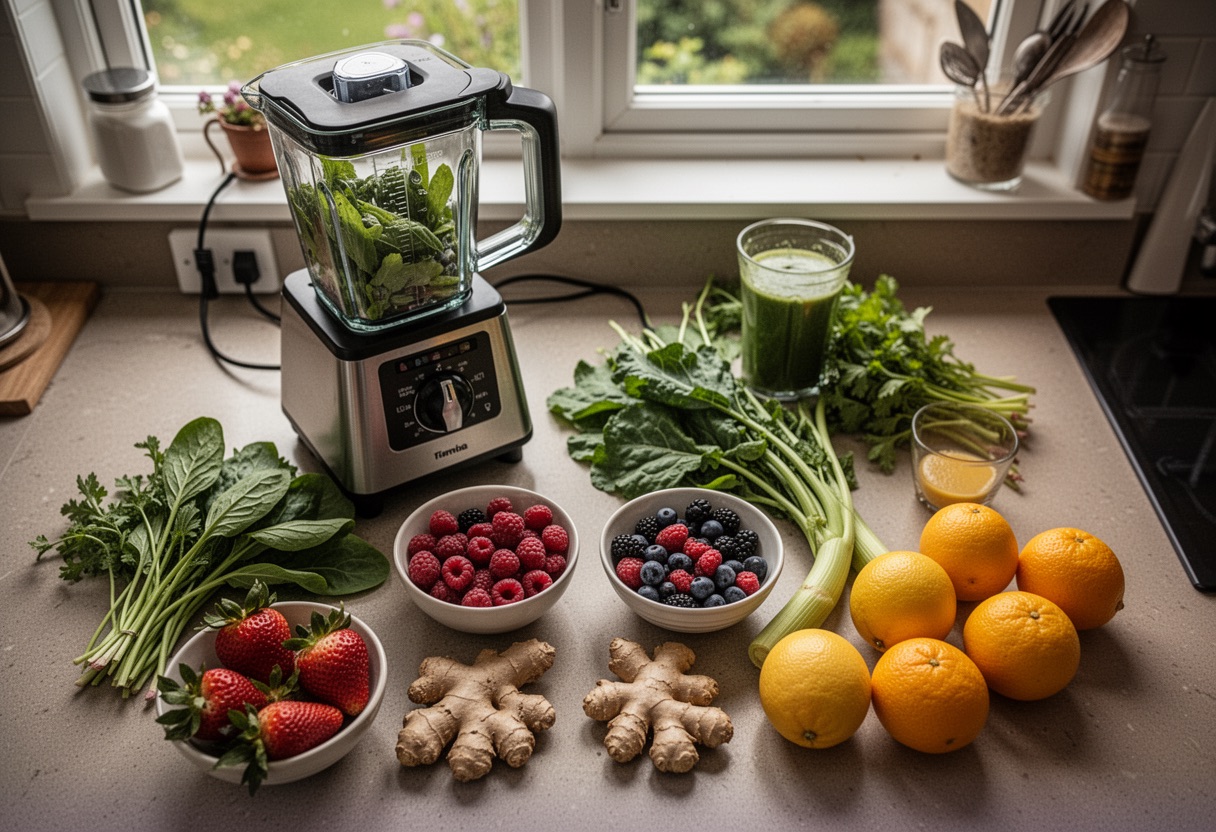 Overhead view of fresh smoothie ingredients and blender on a kitchen counter.