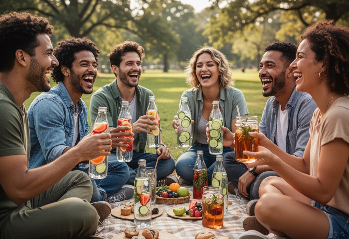 Friends enjoying a picnic in a park with healthy drinks like fruit water and iced tea.