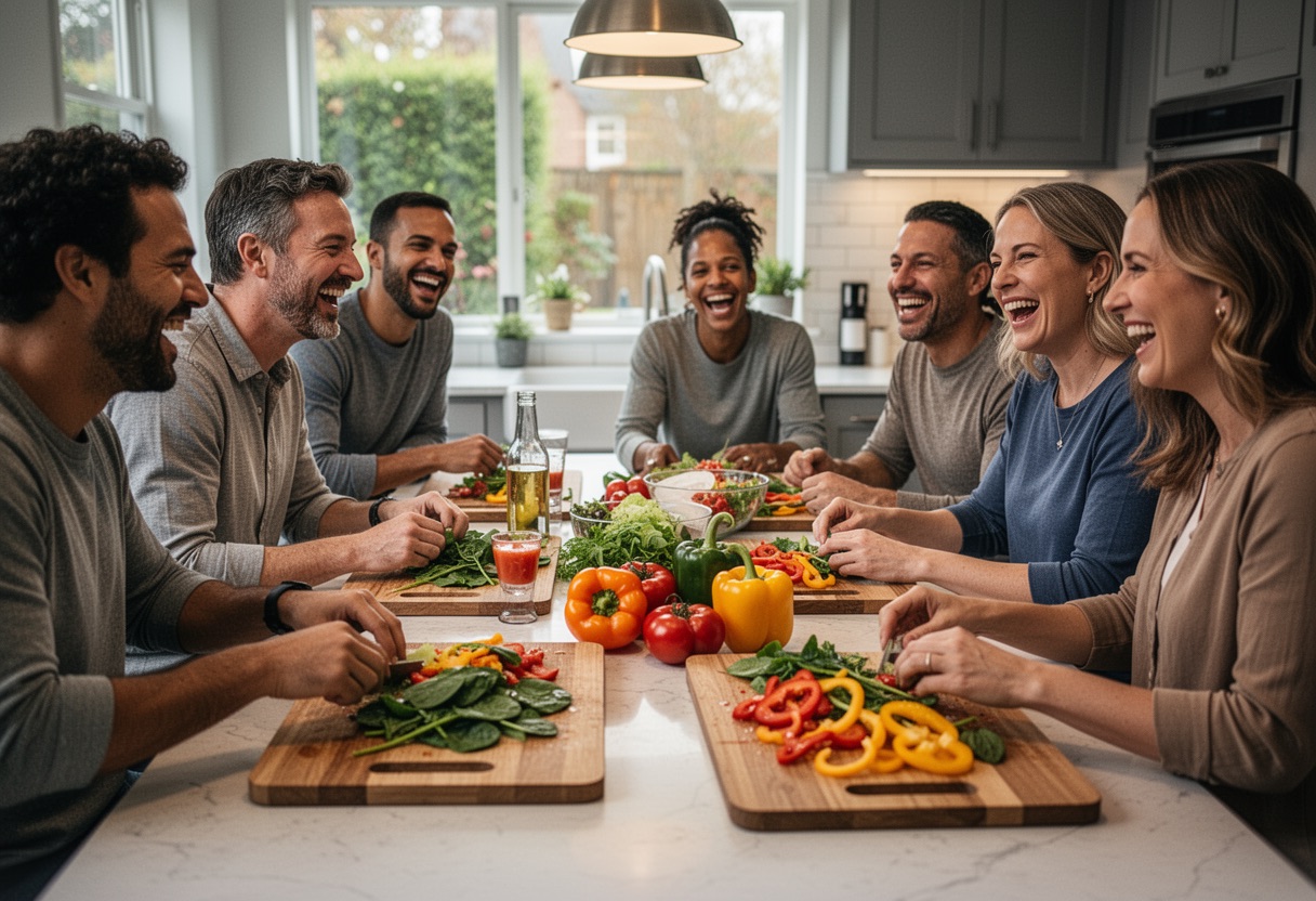 Group of friends preparing a healthy meal with fresh vegetables in a modern kitchen.