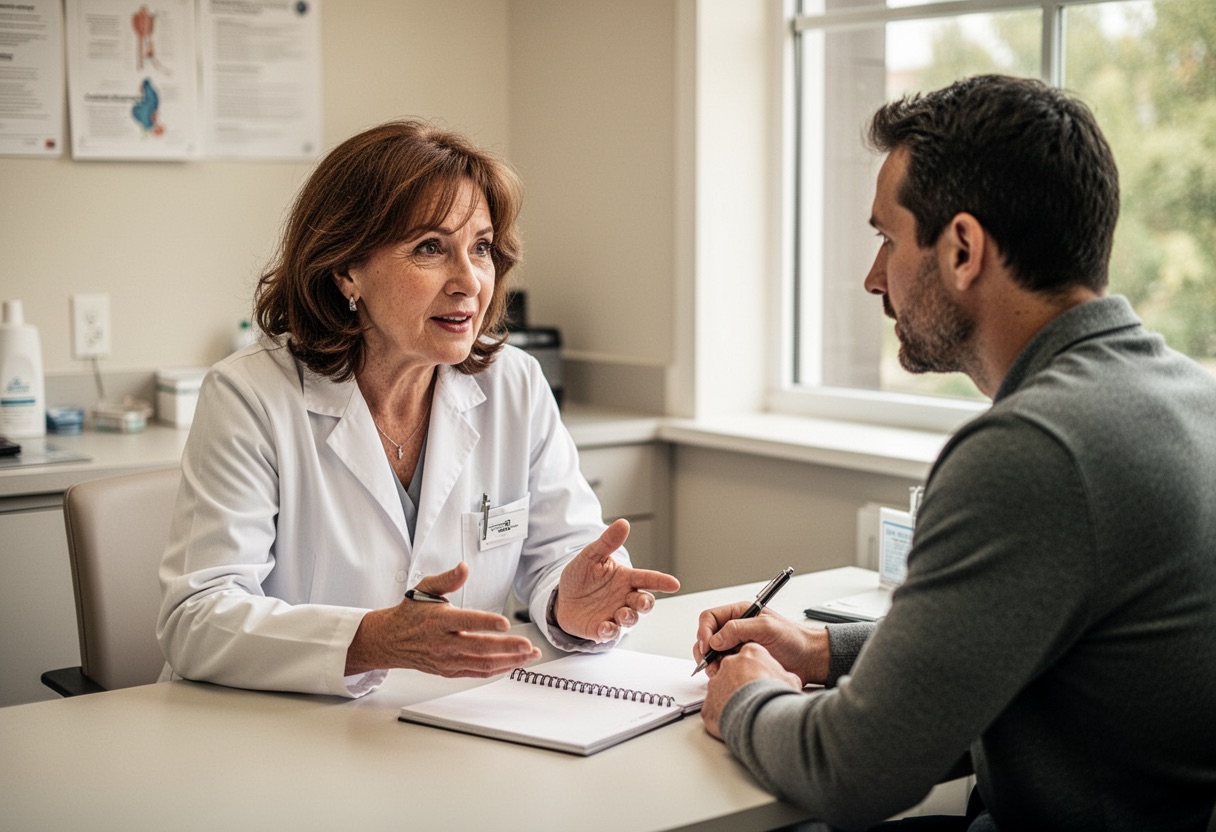 Doctor in lab coat consults with a male patient in a medical office.