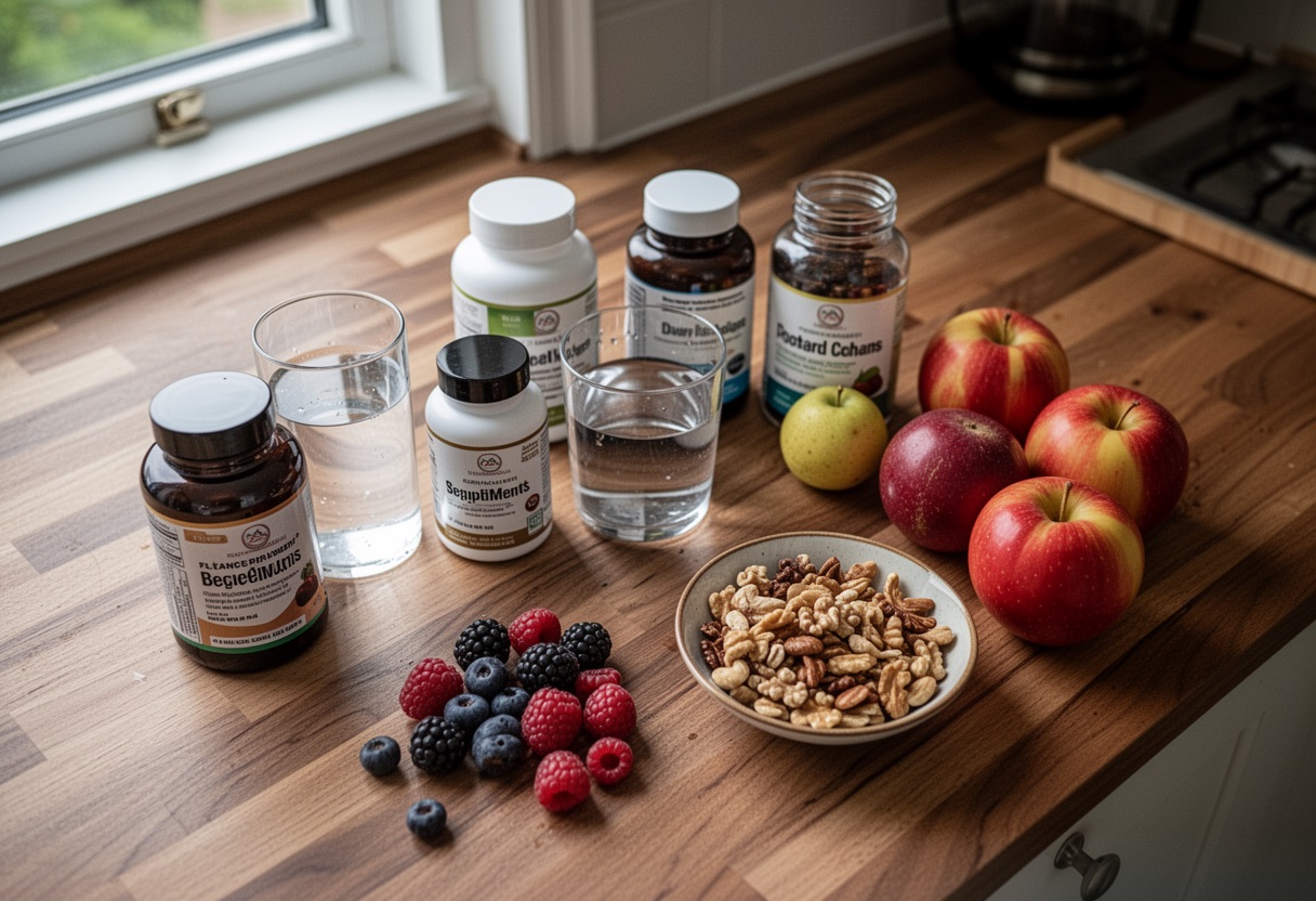 Overhead view of supplements, glass of water, and fresh fruit on a kitchen counter.