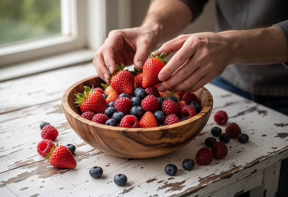 Hands placing fresh, colorful berries into a wooden bowl on a white table.