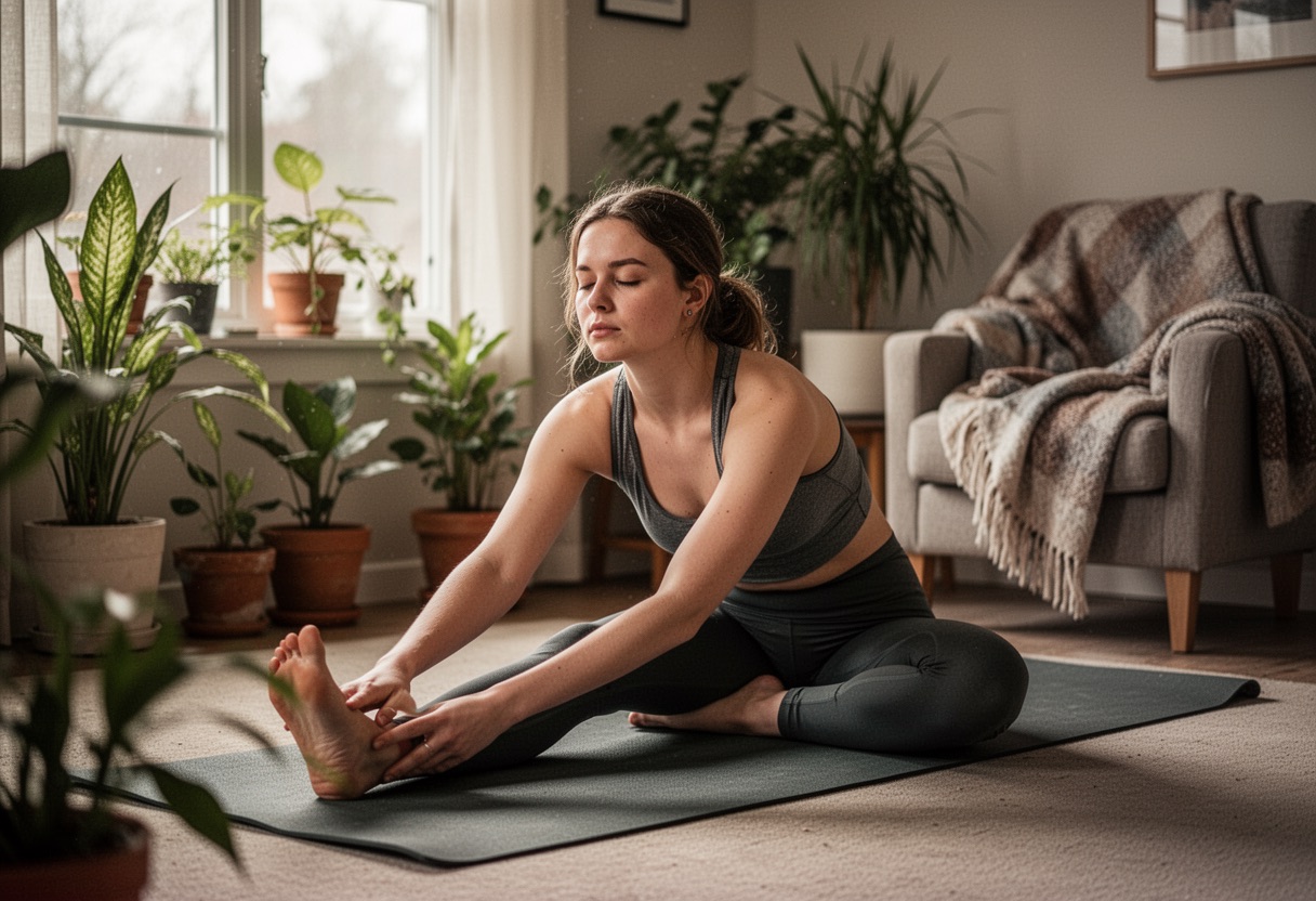Woman stretching gently on yoga mat in sunny living room.