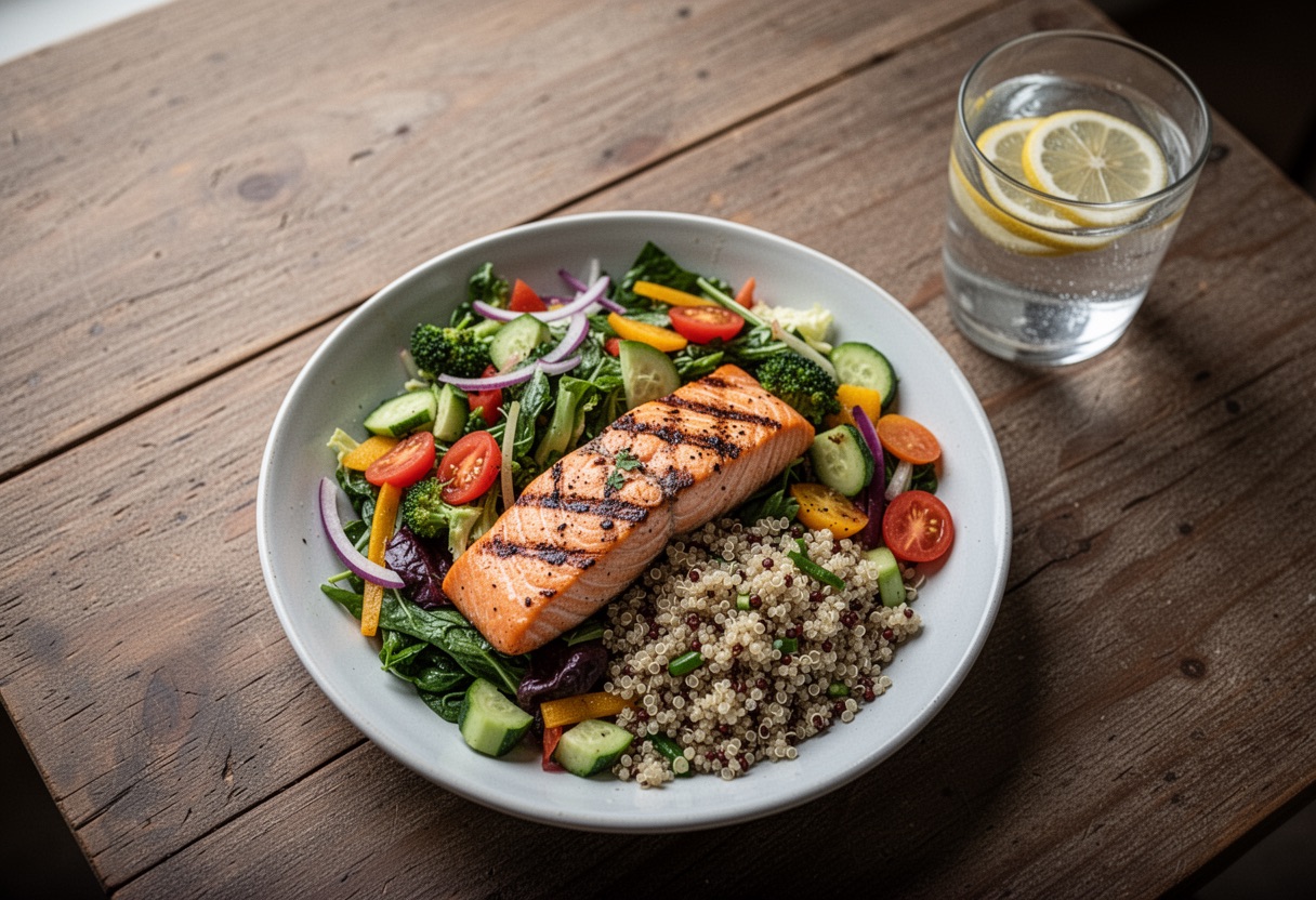 Overhead view of colorful, healthy meal with salmon and salad.