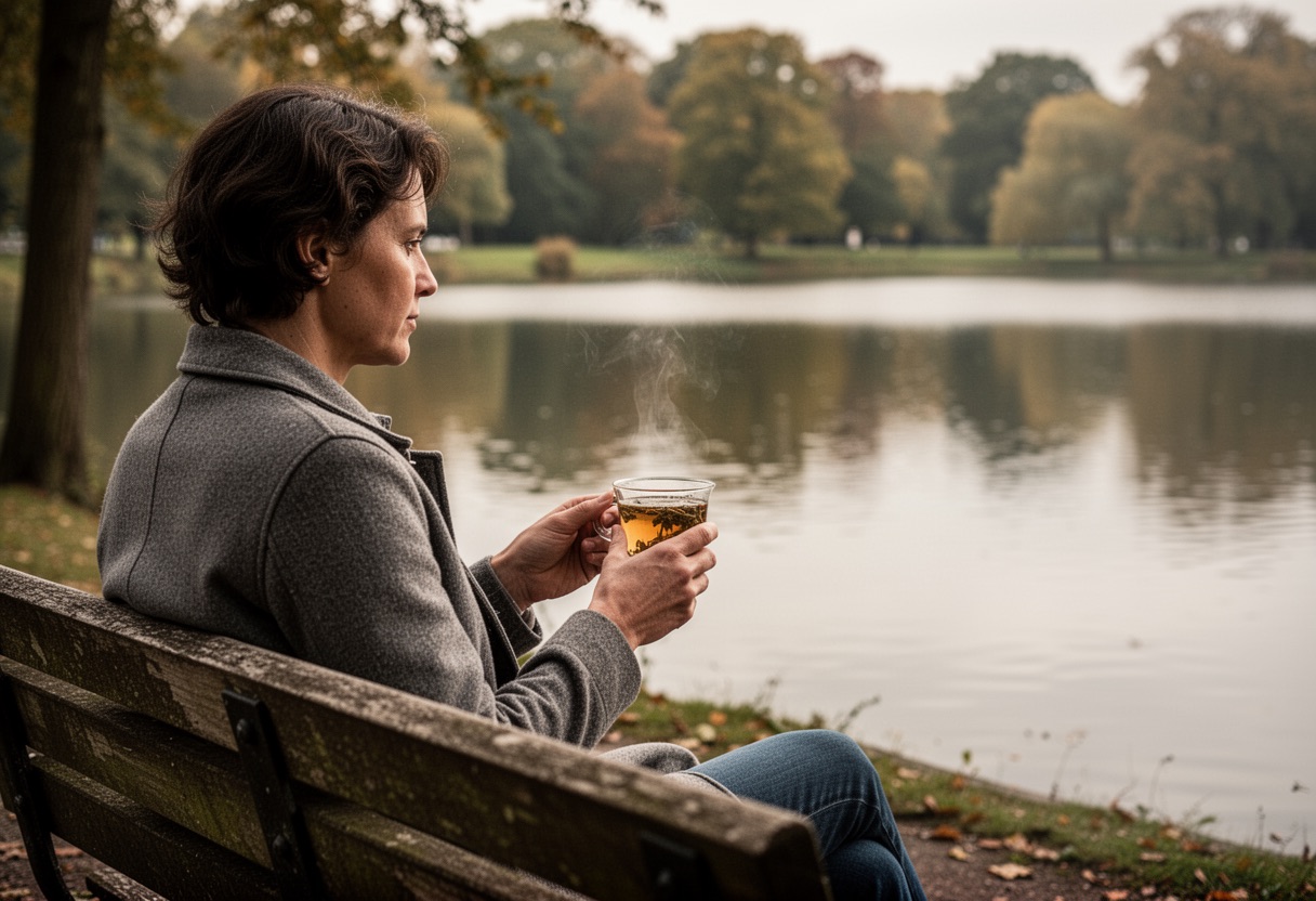 Person drinking herbal tea on park bench by a lake.