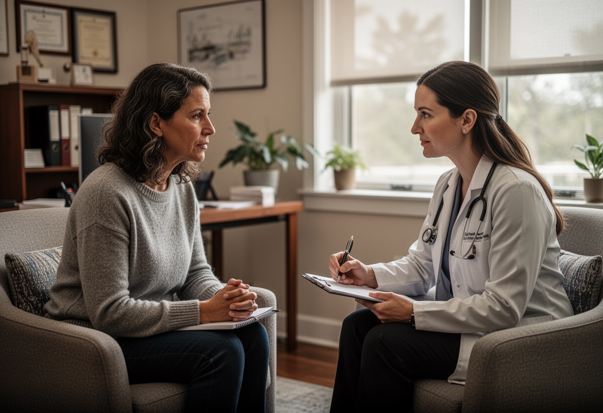 Patient and functional medicine practitioner in a supportive consultation.