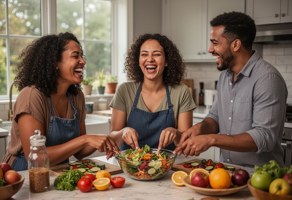 Grupo de personas preparando una ensalada saludable en una cocina.