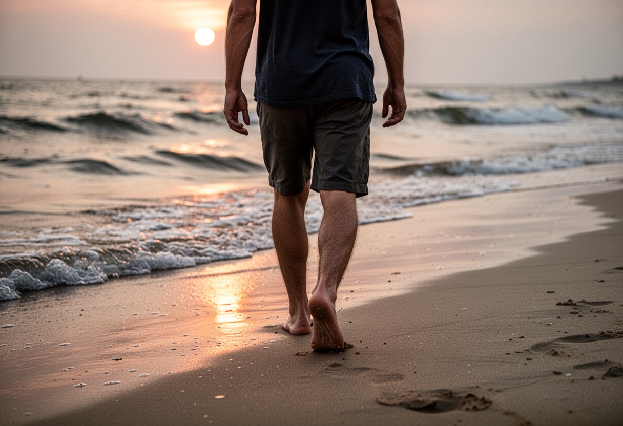 Persona caminando descalza por una playa al atardecer.