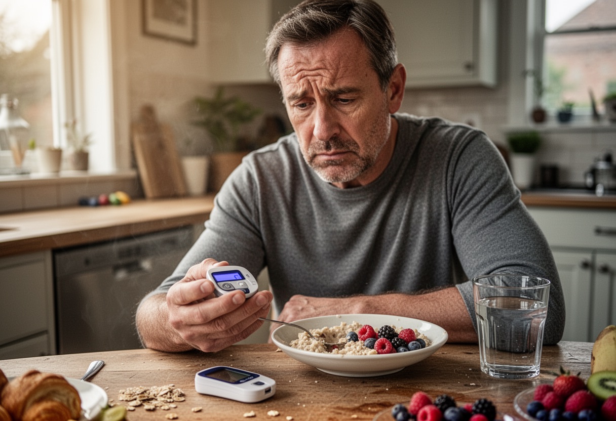 Hombre observando su medidor de glucosa en la cocina.