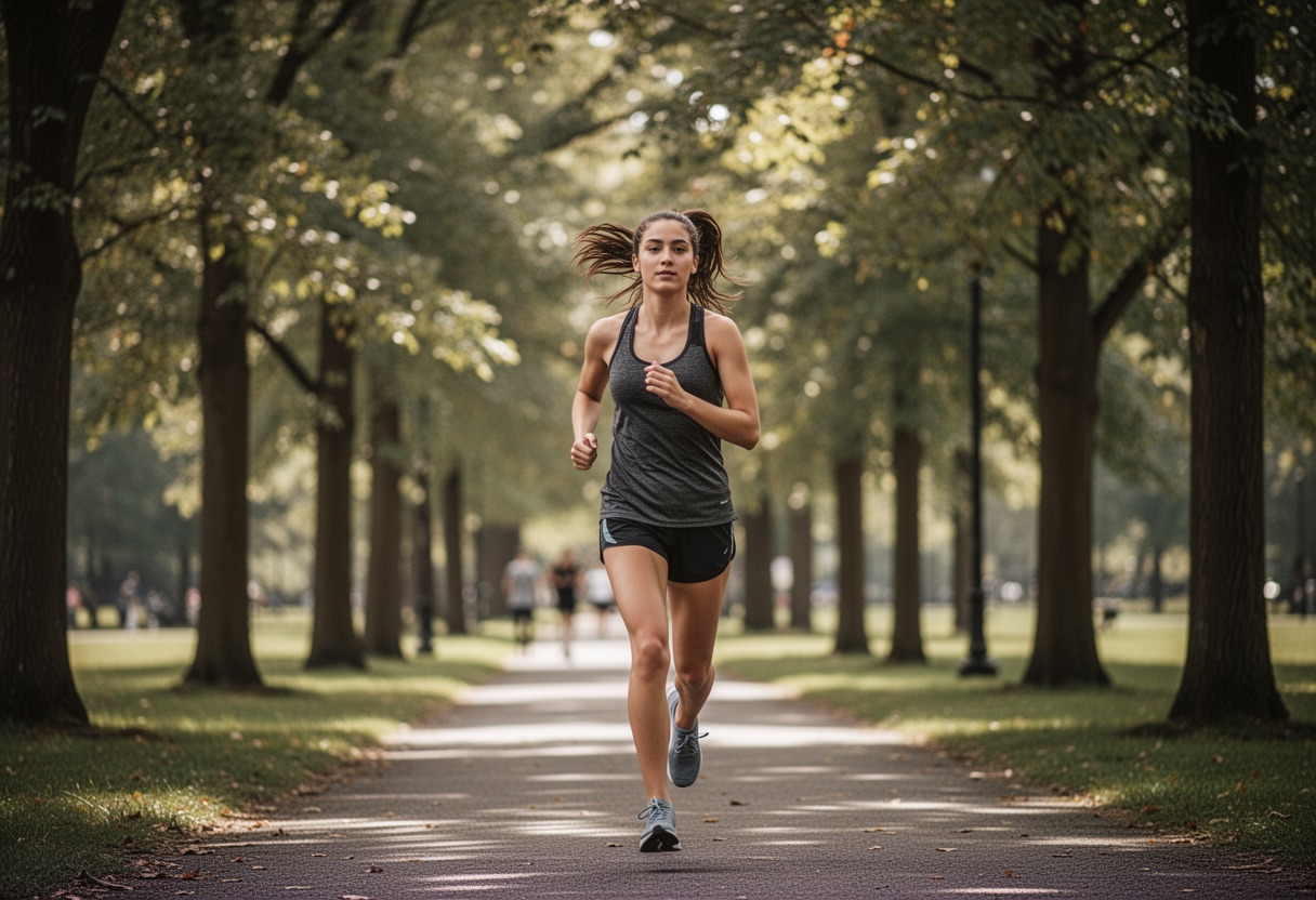 Mujer joven corriendo en un parque arbolado.