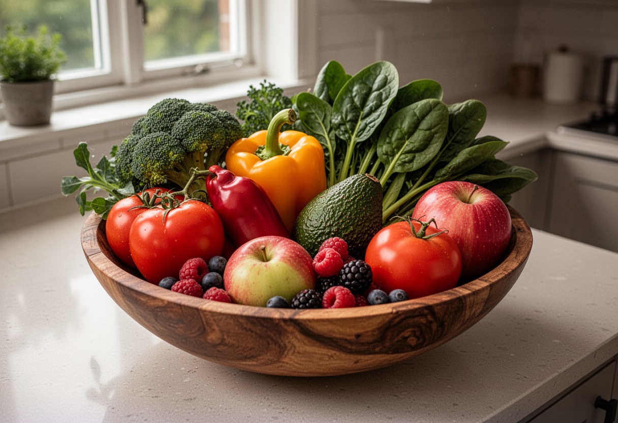 Variedad de frutas y verduras frescas en un tazón.