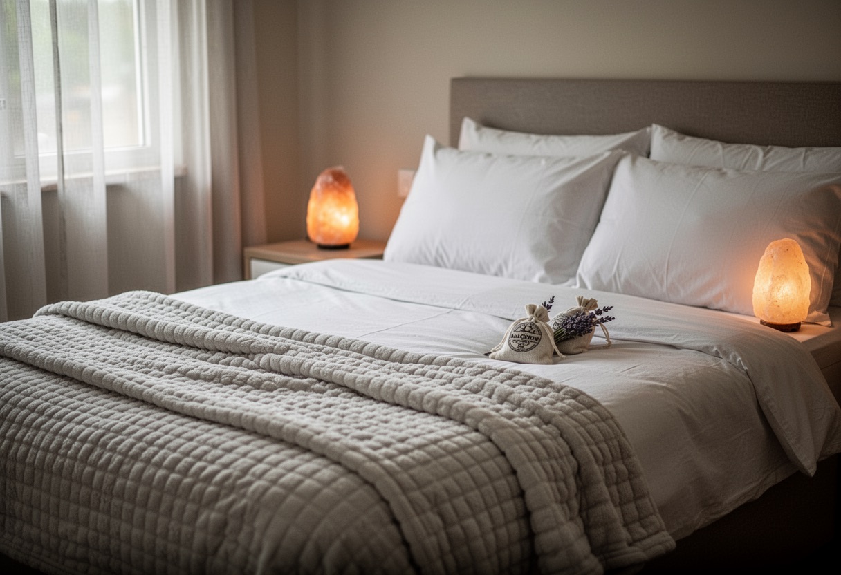Dormitorio tranquilo con cama hecha y luz tenue