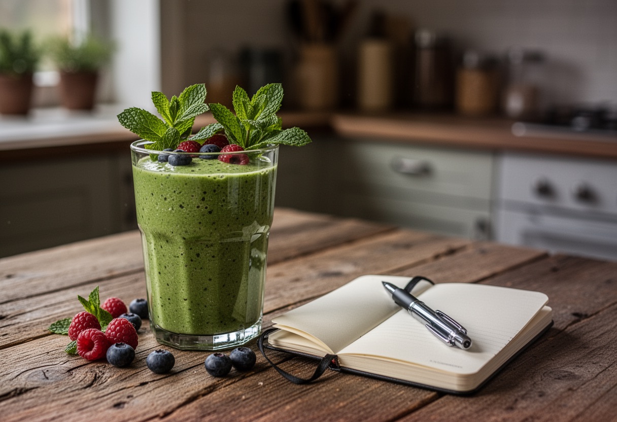 Batido verde saludable y diario en mesa de madera