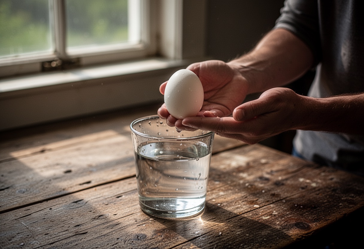 Limpieza con huevo: manos sosteniendo un huevo sobre un vaso de agua.