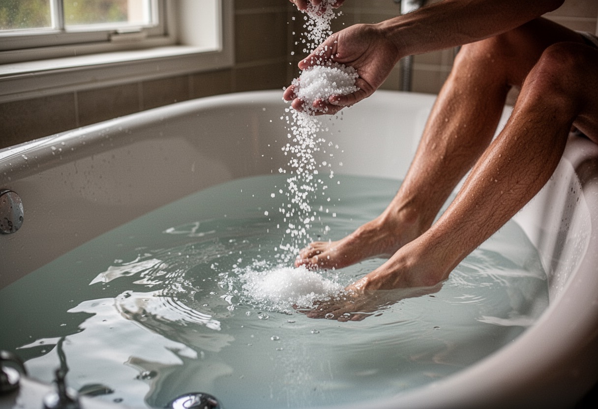 Baño ritual de sal: pies metiéndose en la bañera con sal.