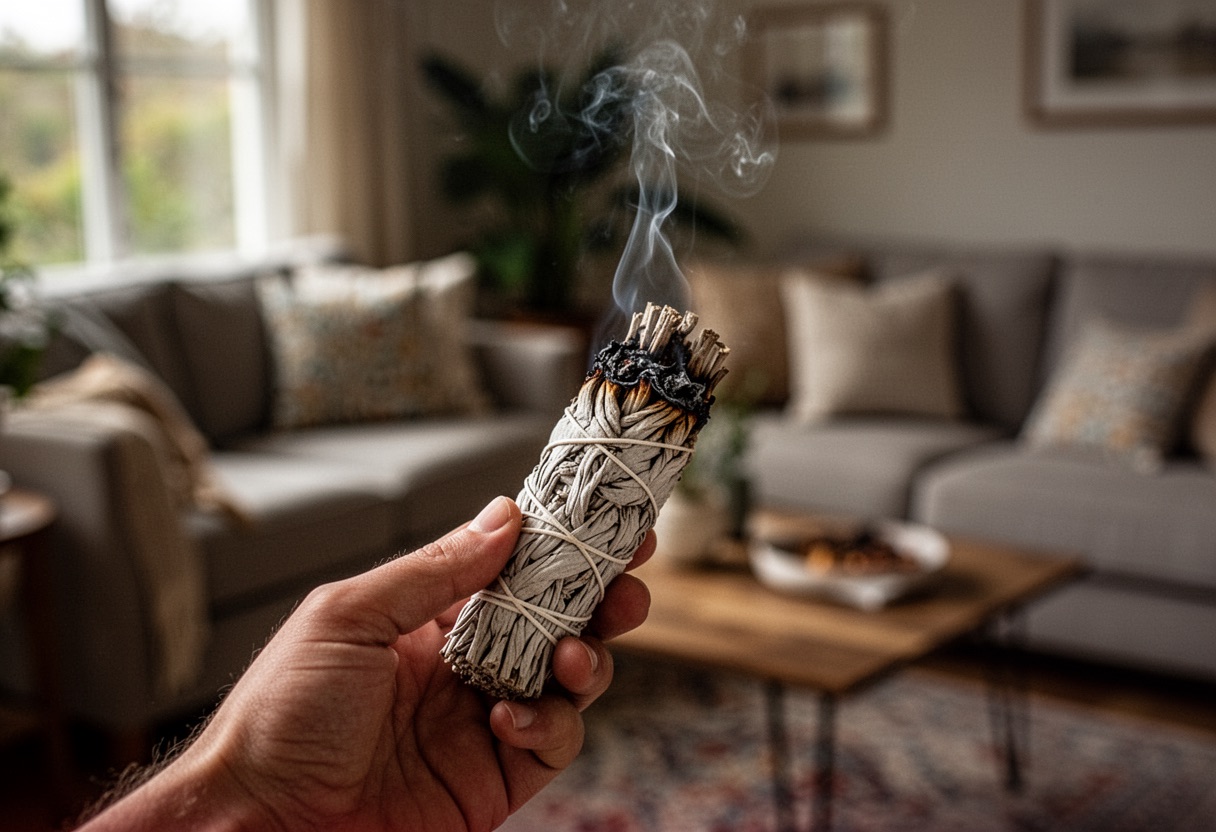 Sahumerio con salvia: mano sosteniendo salvia humeante.