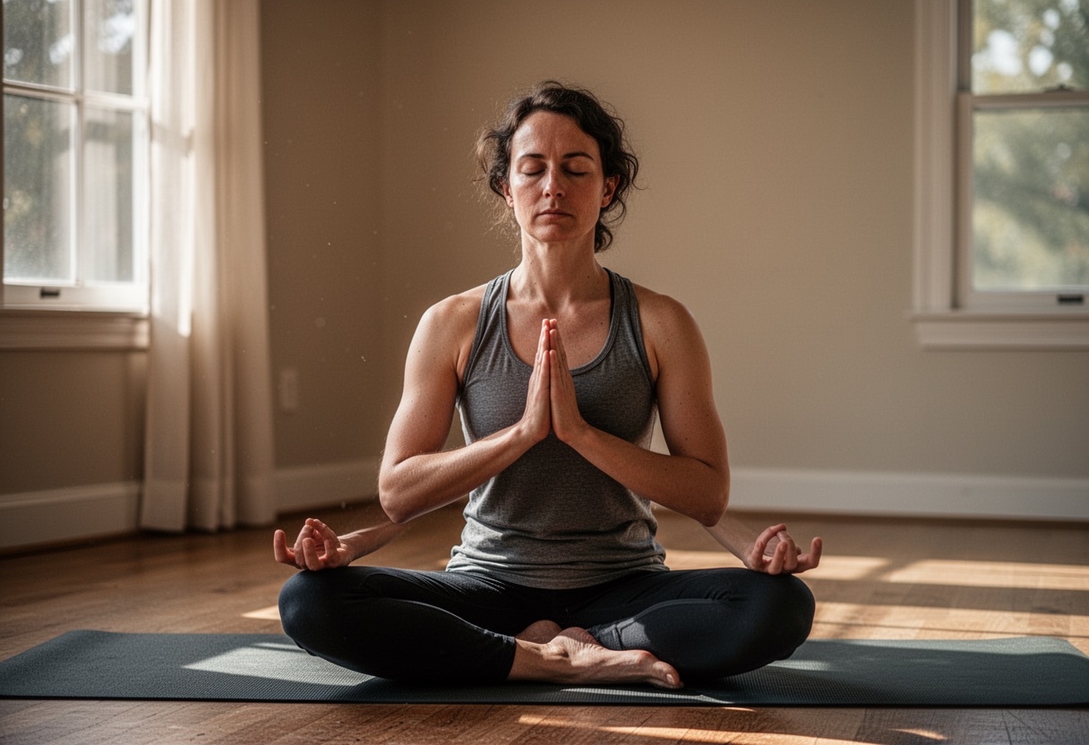 Oración y visualización: persona meditando en una habitación luminosa.