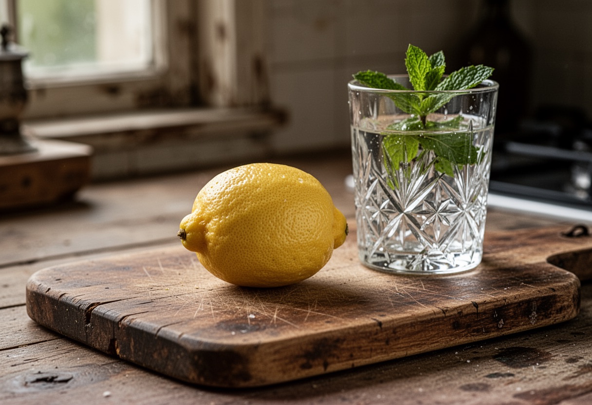 Limón y vaso de agua con menta en tabla de madera.
