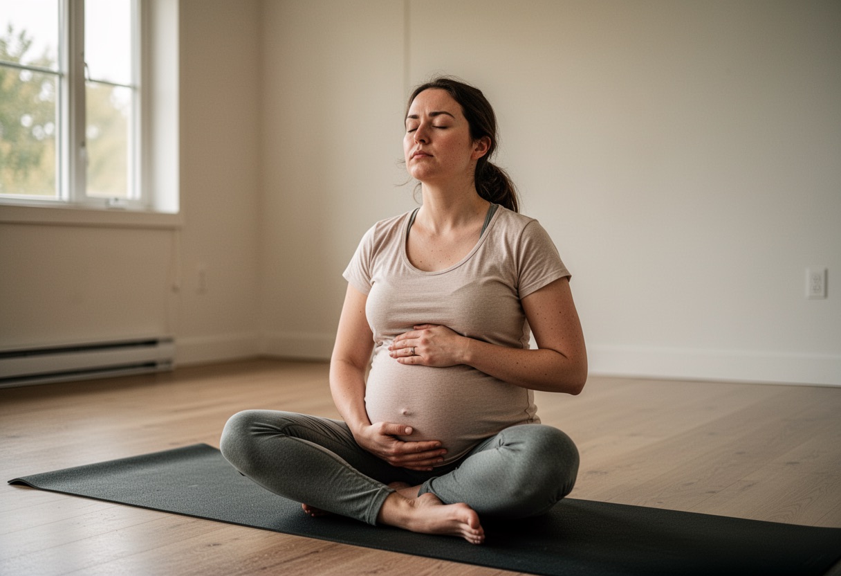 Mujer embarazada respirando profundamente en esterilla de yoga.