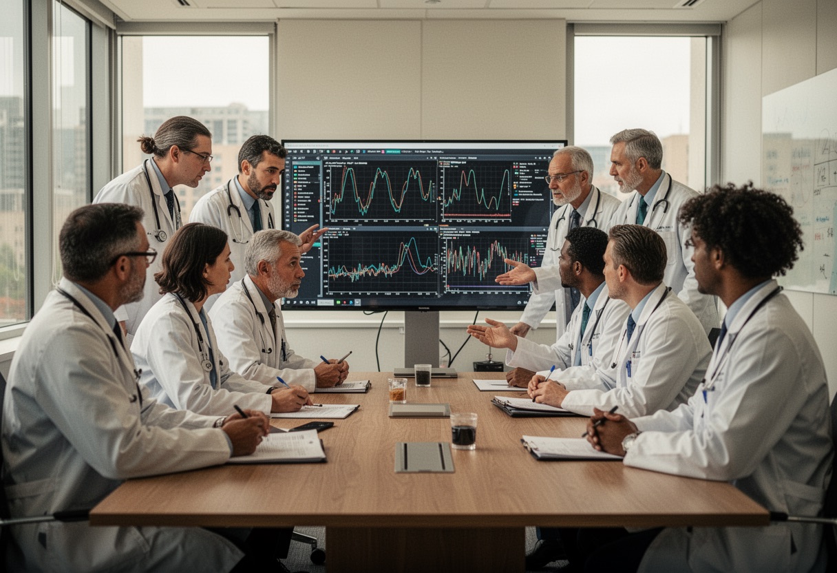 Healthcare professionals discussing scientific data.