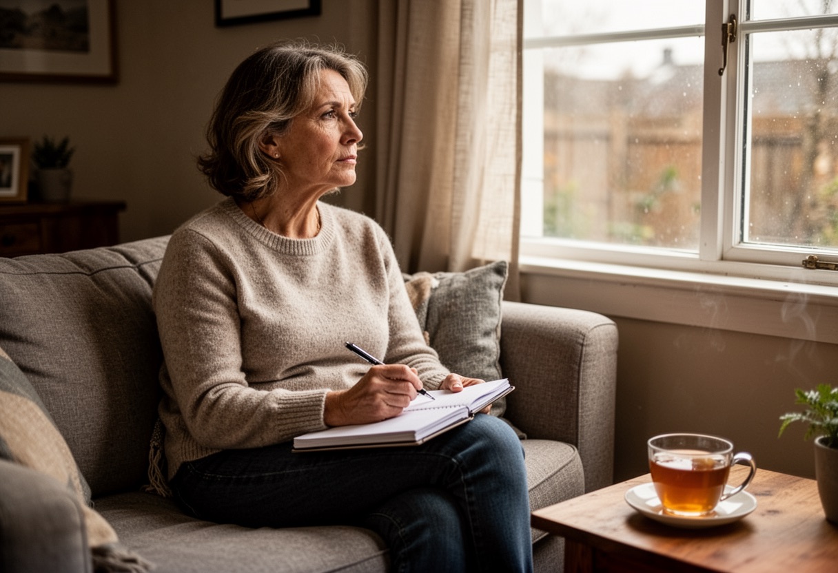 Woman reading research on a tablet at home.