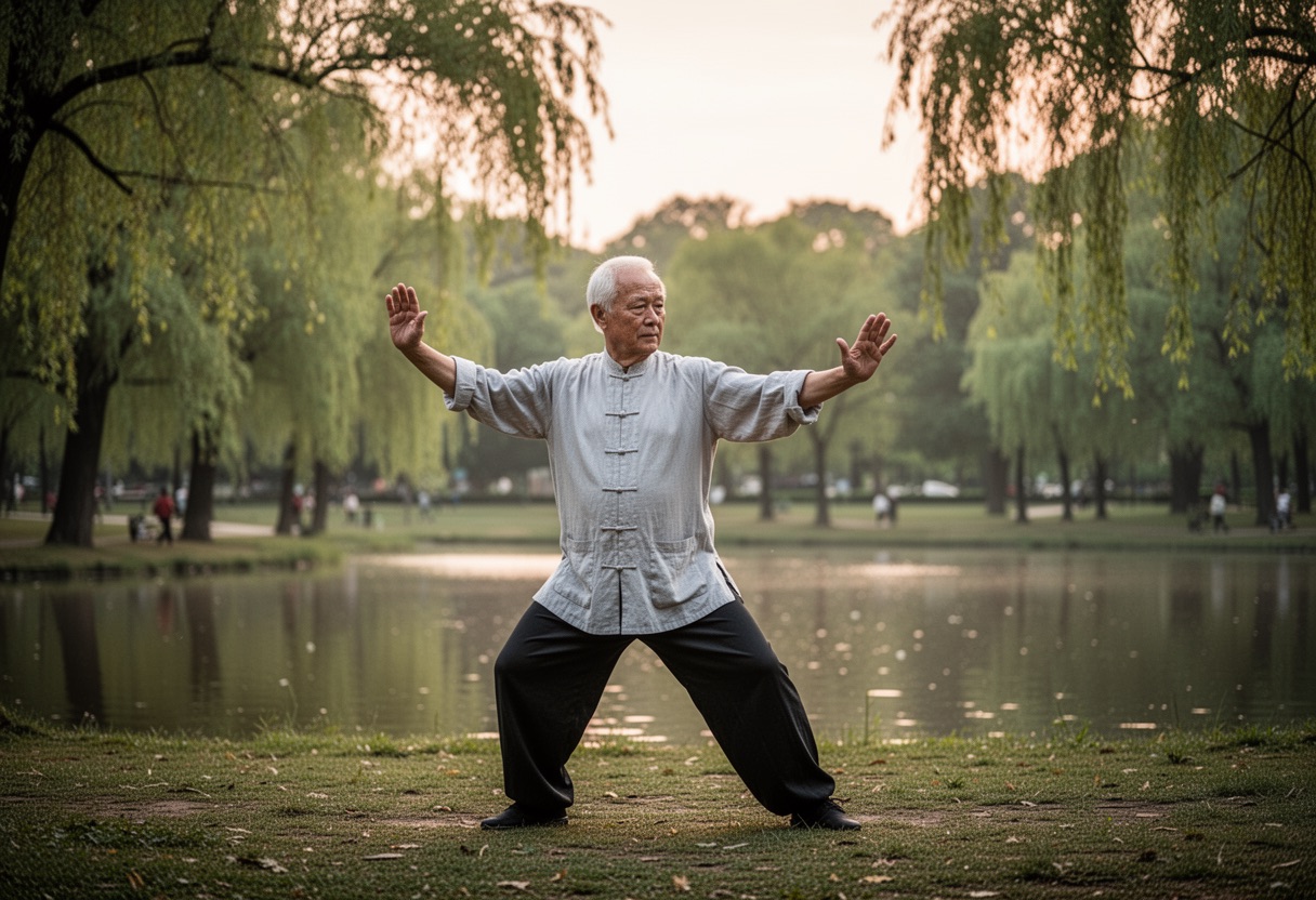 Man practicing tai chi in a natural park.