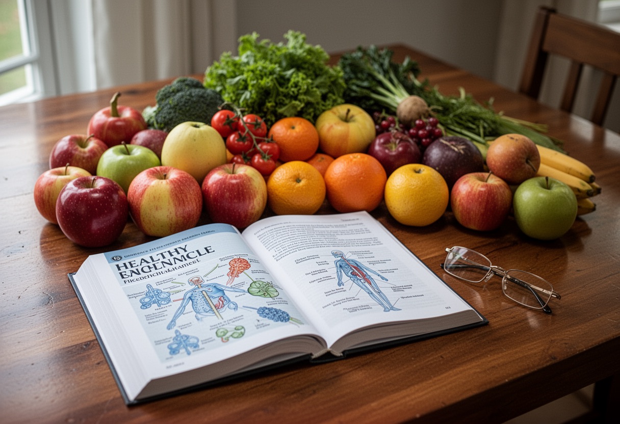 Healthy food, science textbook, and glasses on table.