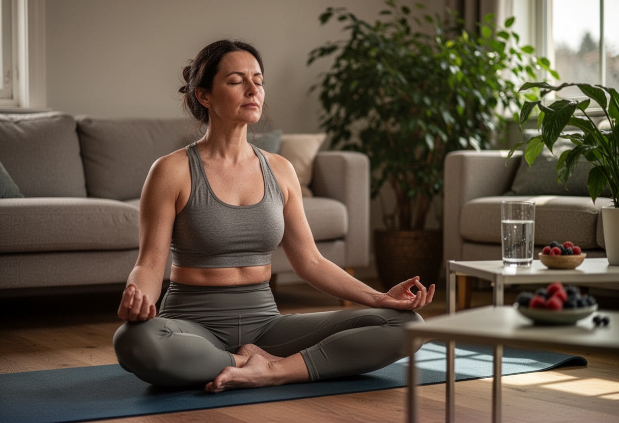Mujer meditando en un salón soleado con frutas y vaso de agua.