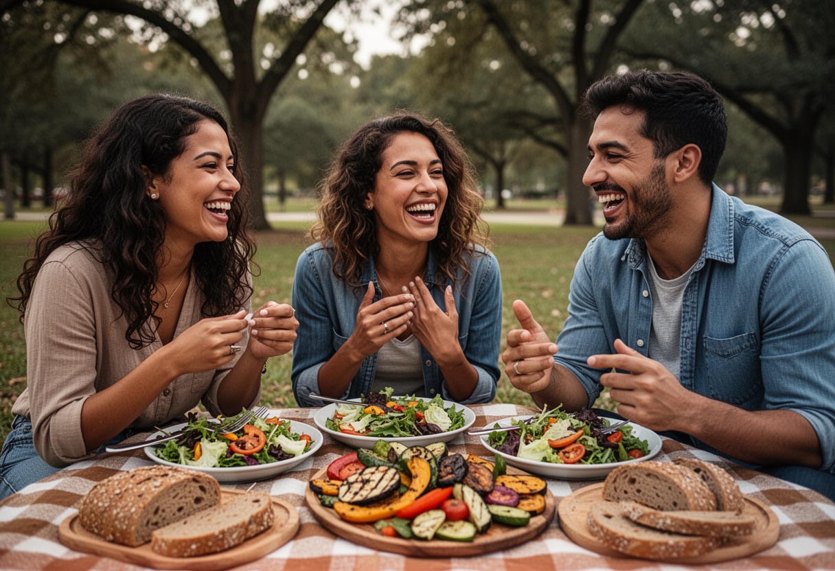 Amigos disfrutando de una comida saludable al aire libre en un parque.