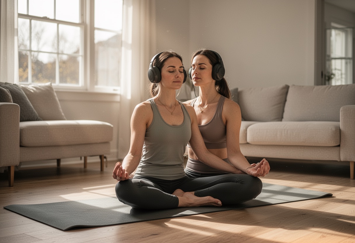 Mujer meditando en casa con auriculares.