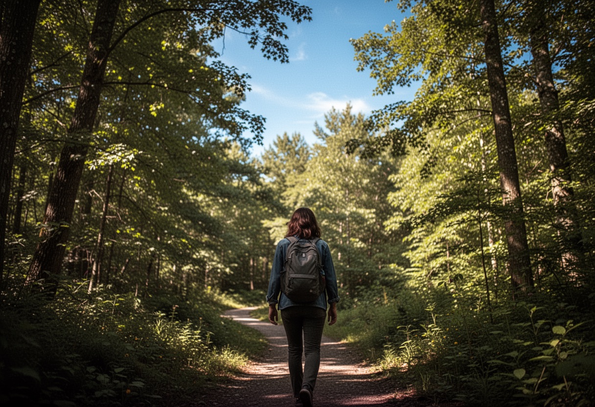 Persona caminando feliz por un bosque verde.