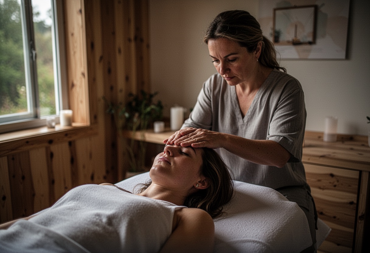 Terapeuta realizando sanación energética a un cliente.