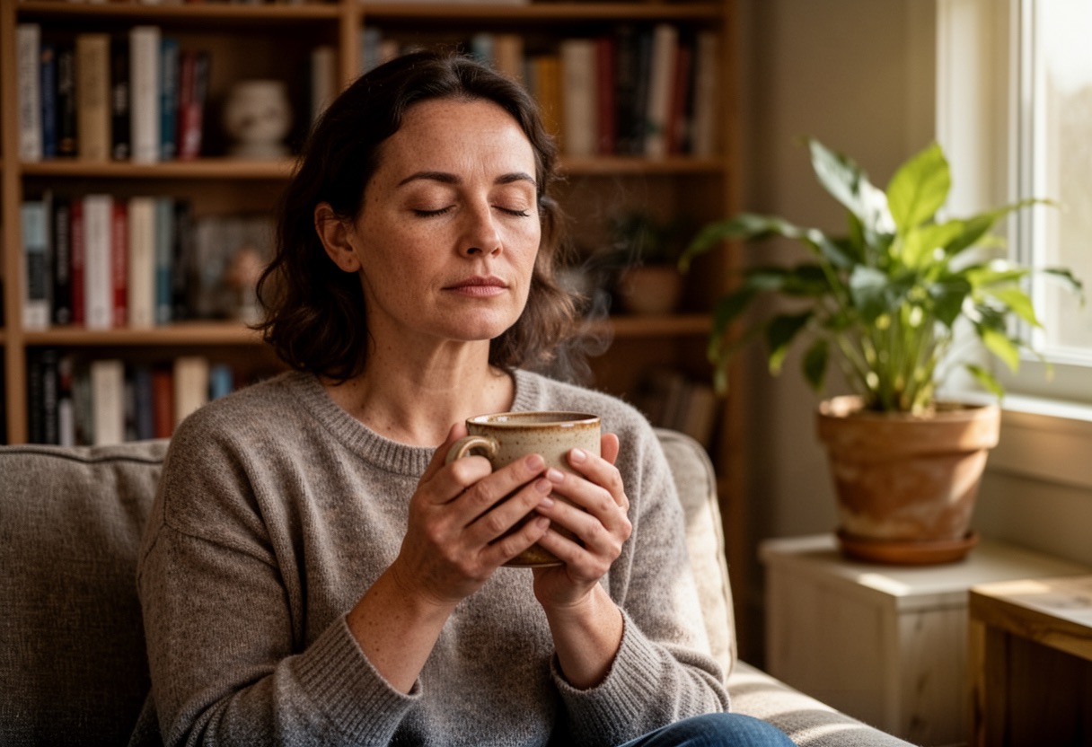 Woman meditating quietly in a peaceful living room with natural light.
