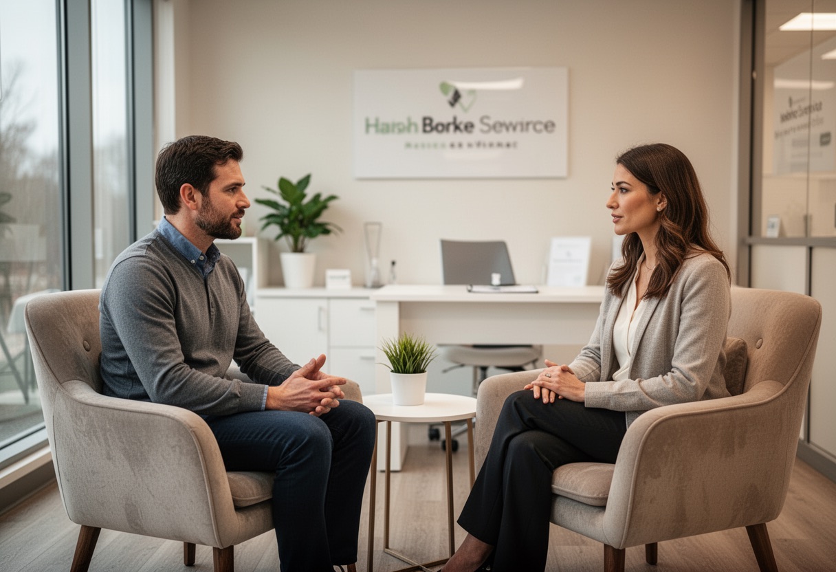 Two people having a calm discussion in a modern wellness clinic office.