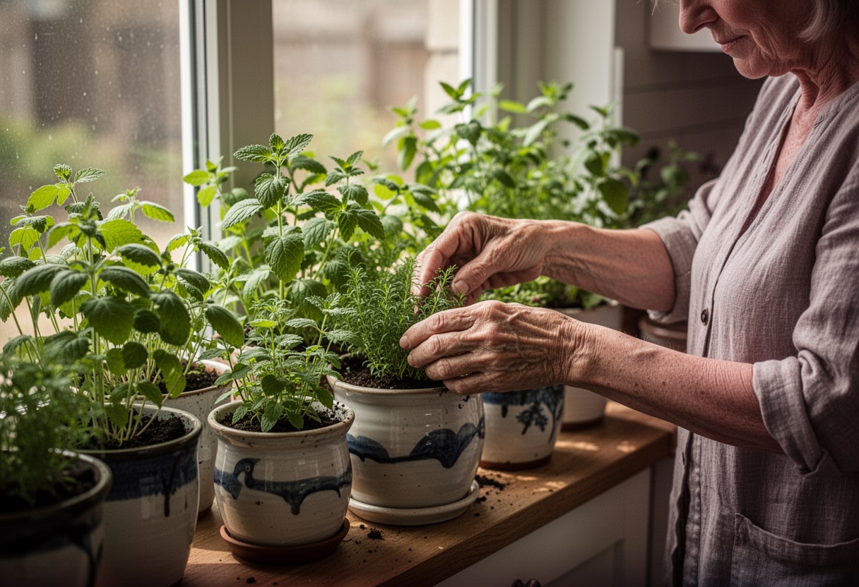 Woman tending herbs on a windowsill