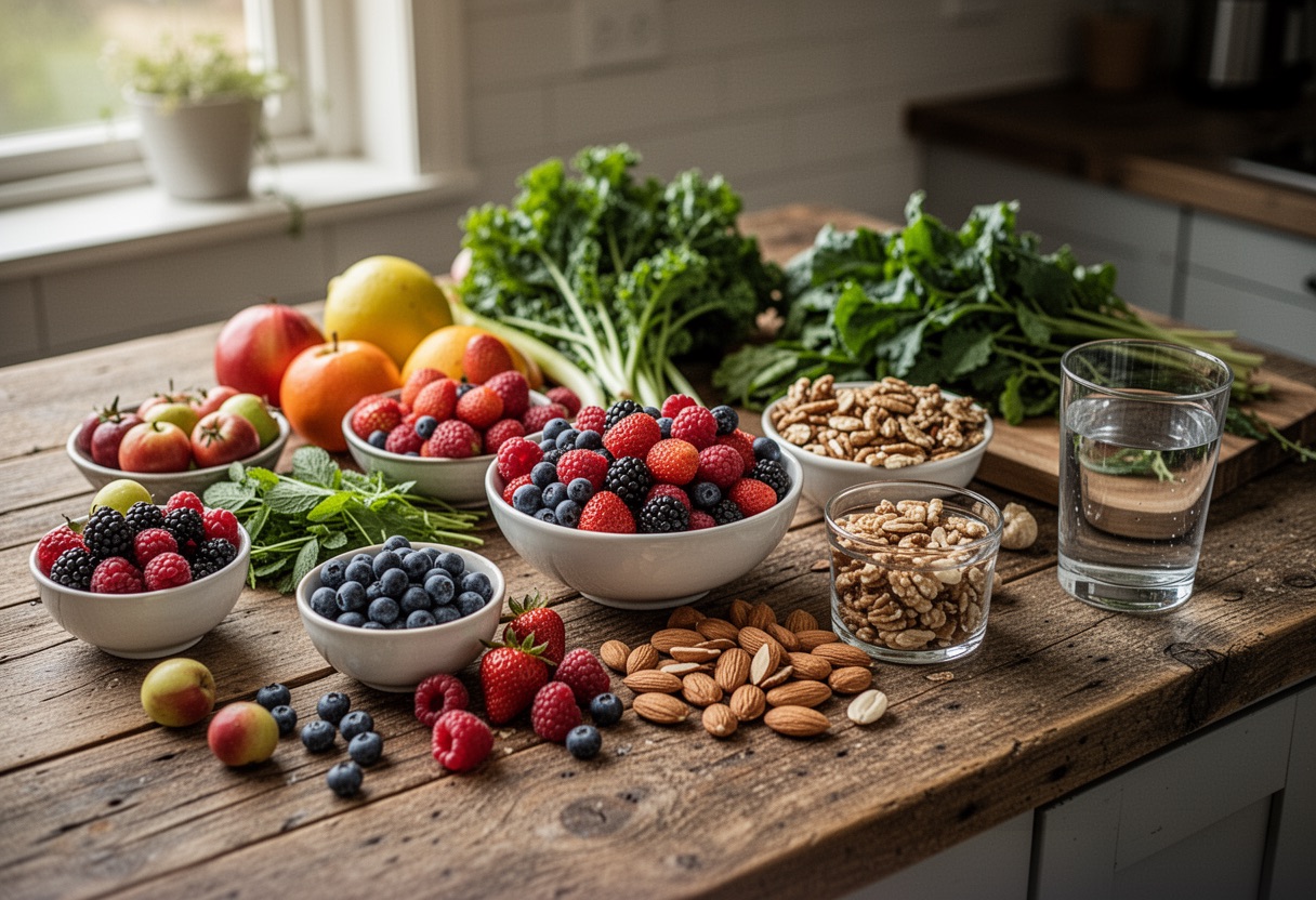 Healthy food spread on wooden counter