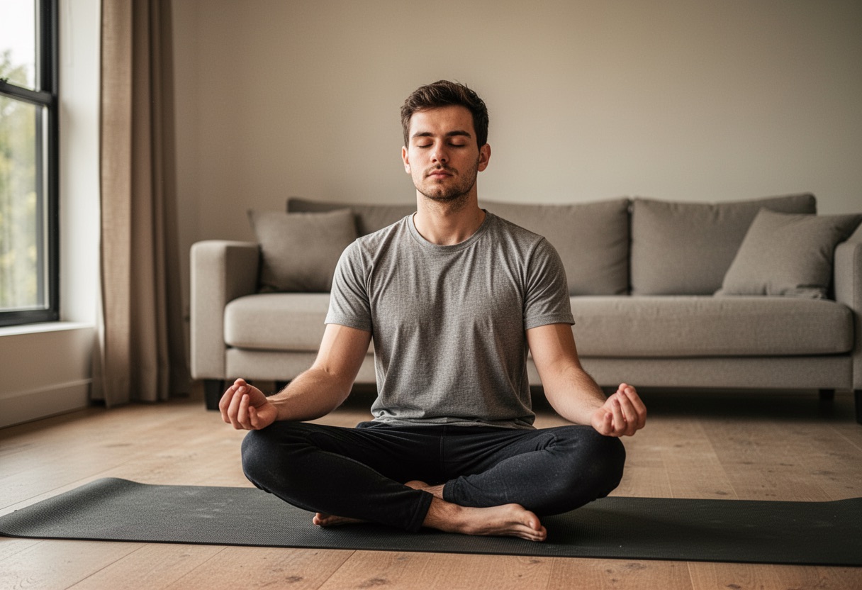 Man meditating on yoga mat