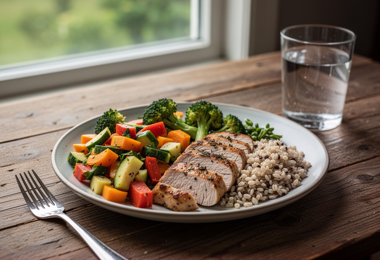 Healthy, balanced meal on a wooden table