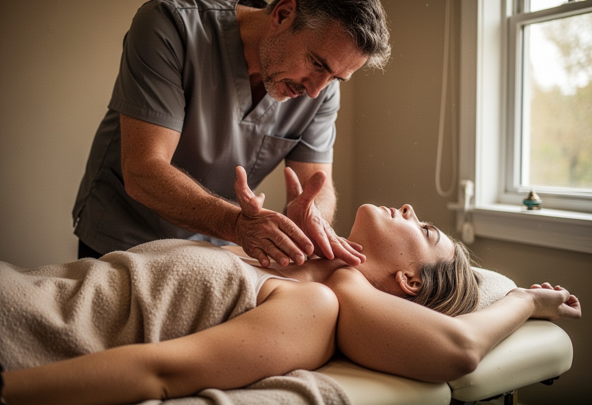 Terapeuta realizando una terapia de biocampo suave en una clínica.