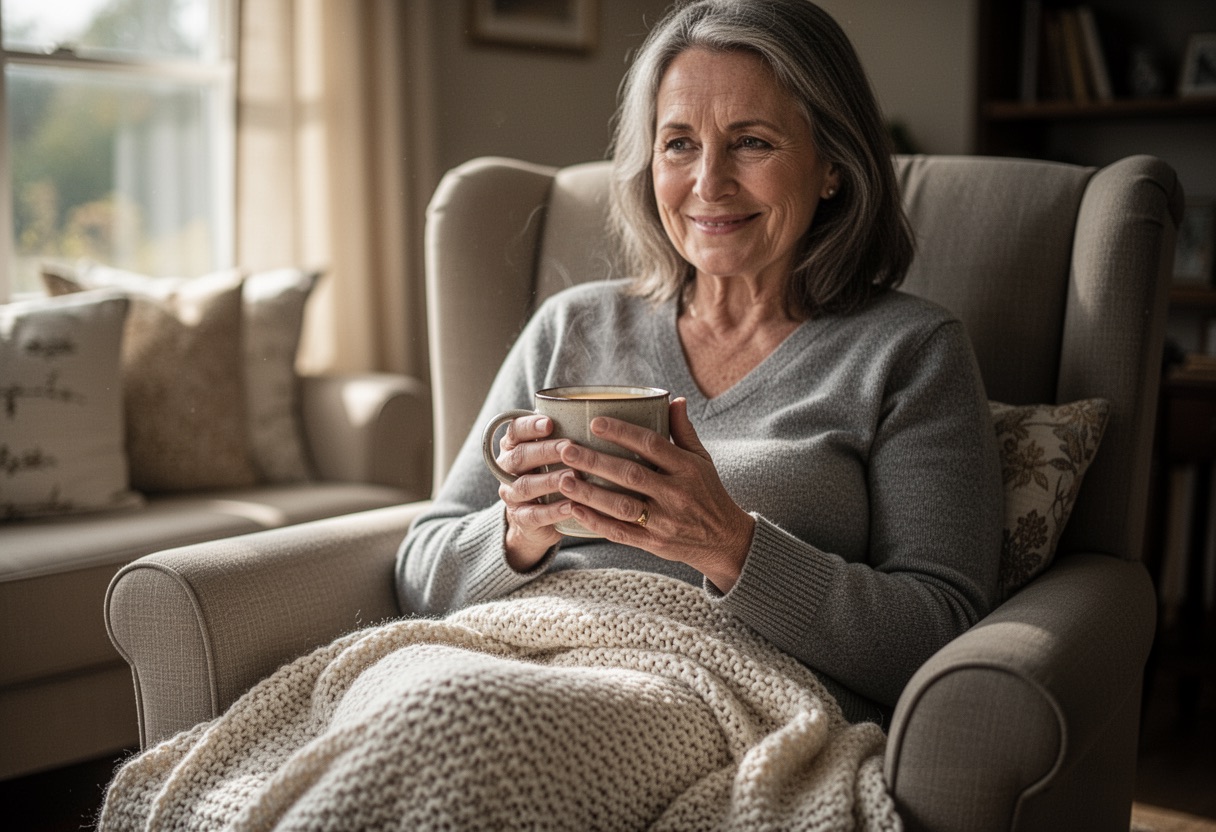 Mature woman holding a warm mug, smiling peacefully in a sunlit armchair.
