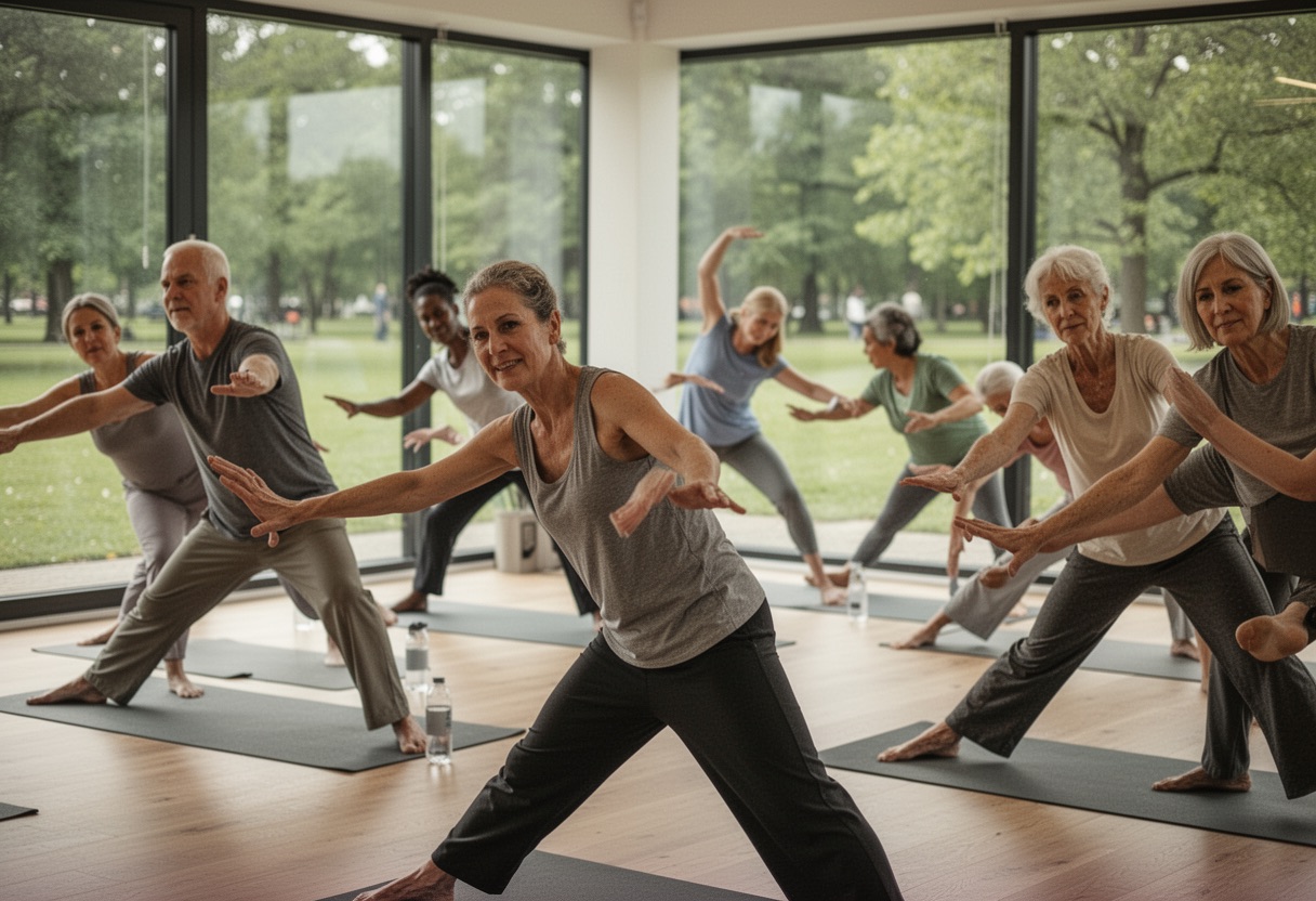 Diverse group of adults stretching in a bright studio overlooking a park.