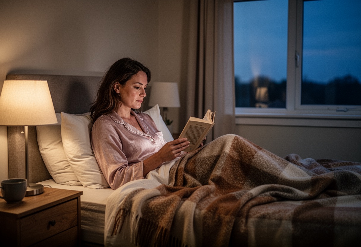 Woman in bed reading, soft lighting