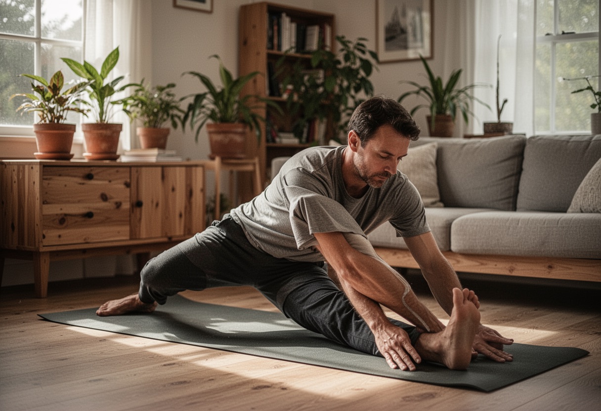 Man stretching on yoga mat in living room