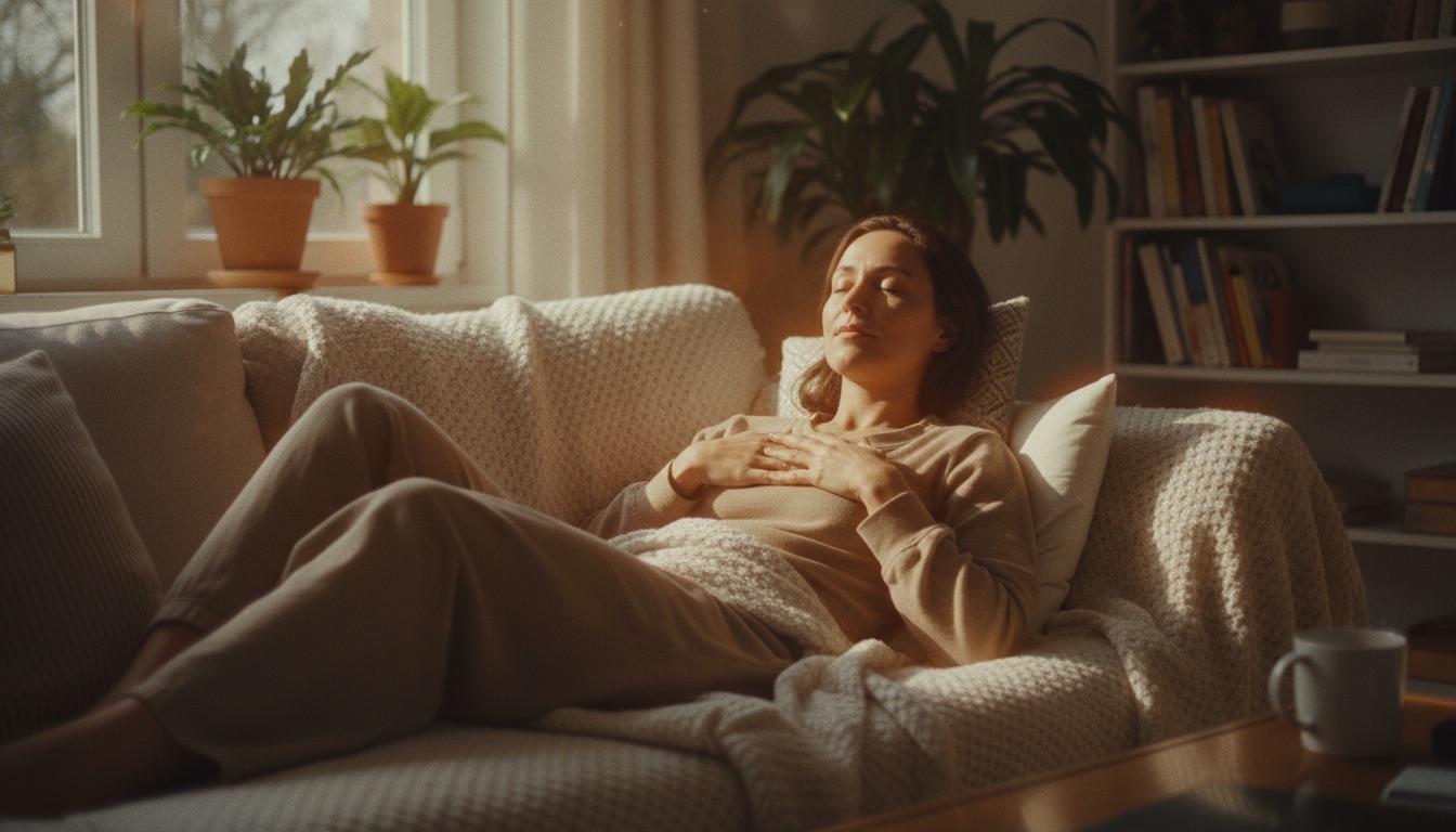 Woman receiving a remote scalar energy session while relaxing at home