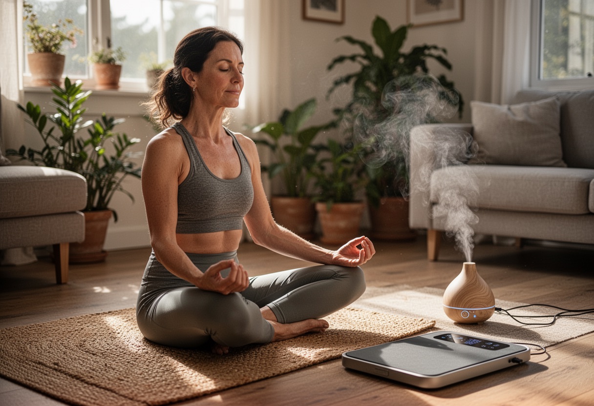 Woman meditating with PEMF mat.
